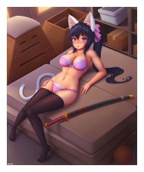 Rule 34 | 1girl, absurdres, animal ear fluff, animal ears, artist name, ball, bare arms, bare shoulders, basketball, basketball (object), black hair, black pantyhose, blush, box, bra, breasts, cat ears, cat girl, cat tail, cleavage, clothes pull, commentary, full body, gym storeroom, hair between eyes, hair ribbon, highres, huge filesize, katana, knees together feet apart, large breasts, lingerie, long hair, looking at viewer, navel, no shoes, noihara himari, omamori himari, open mouth, panties, pantyhose, pantyhose pull, pink bra, pink panties, pink ribbon, ponytail, purple eyes, reclining, ribbon, sheath, sheathed, solo, stomach, sword, tail, underwear, underwear only, vaulting horse, weapon, wlper