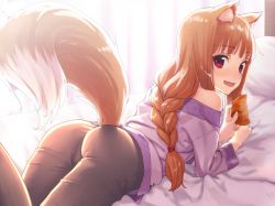 Rule 34 | 1girl, alternate hairstyle, animal ears, ass, bare shoulders, bed, bed sheet, blush, braid, brown hair, comb, fang, from behind, holding, holo, indoors, kawakami rokkaku, long hair, looking at viewer, looking back, lying, off shoulder, on bed, on stomach, open mouth, pillow, red eyes, shirt, single braid, smile, solo, spice and wolf, tail, wolf ears, wolf tail