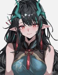Rule 34 | 1girl, aogisa, arknights, bare shoulders, black hair, blue dress, blue hair, blush, breasts, closed mouth, commission, dragon horns, dress, dusk (arknights), dusk (everything is a miracle) (arknights), highres, horns, long hair, looking at viewer, medium breasts, multicolored hair, official alternate costume, pointy ears, red eyes, simple background, skeb commission, sleeveless, sleeveless dress, smile, solo, streaked hair, tassel, upper body, white background