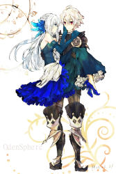 Rule 34 | 1boy, 1girl, bad id, bad pixiv id, blue eyes, carrying, copyright name, dress, elbow gloves, eye contact, gloves, gwendolyn (odin sphere), high heels, highres, long hair, looking at another, odin sphere, oswald, princess carry, red eyes, shoes, strapless, strapless dress, valkyrie, yukizuri