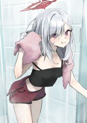 Rule 34 | 1girl, absurdres, after bathing, blue archive, breasts, dolphin shorts, drying, drying hair, grey hair, grin, halo, highres, leaning forward, looking at viewer, medium hair, midriff, mutsuki (blue archive), navel, pink eyes, pink towel, pointy ears, red shorts, short shorts, shorts, slit pupils, small breasts, smile, solo, steam, stomach, strap slip, swept bangs, syhan, tank top, towel, wet