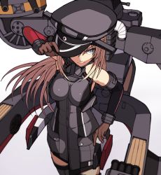 Rule 34 | 1girl, absurdres, armor, bare shoulders, bismarck (kancolle), blonde hair, blue eyes, blush, breastplate, breasts, brown gloves, detached sleeves, gloves, hair between eyes, hair ornament, hat, highres, kantai collection, karasuma kuraha, large breasts, long hair, looking at viewer, machinery, military, military hat, military uniform, peaked cap, simple background, smile, solo, thighhighs, turret, uniform, white background