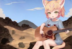 Rule 34 | 1girl, :3, animal ears, blonde hair, blue sky, blush, breasts, cat ears, character request, collarbone, day, fang, guitar, instrument, kemono friends, looking at viewer, multicolored hair, music, nyifu, outdoors, parted lips, pink hair, playing instrument, plectrum, sand, sand cat (kemono friends), short sleeves, sitting, sky, small breasts, smile, solo, tail, two-tone hair, yellow eyes