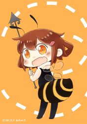 Rule 34 | 1girl, artist name, bee costume, blush, brown hair, commentary request, dated, hair ornament, hairclip, hinata yuu, holding, holding weapon, ikazuchi (kancolle), insect wings, kantai collection, one-hour drawing challenge, open mouth, orange background, orange eyes, short hair, weapon, wings