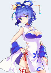 Rule 34 | 1girl, :q, alternate costume, amano hagoromo, bare shoulders, blue eyes, blue hair, breasts, china dress, chinese clothes, cleavage, cleavage cutout, clothing cutout, commentary, cowboy shot, detached sleeves, dress, grey background, hair intakes, hair ornament, hair rings, hair stick, hand on own hip, head tilt, highres, kaku seiga, long sleeves, looking at viewer, medium breasts, ofuda, pelvic curtain, short dress, short hair, side slit, simple background, solo, standing, tongue, tongue out, touhou, white dress, wide sleeves
