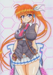 Rule 34 | 1girl, absurdres, blue eyes, blush, breasts, brown hair, closed mouth, gh9000, highres, large breasts, long hair, looking at viewer, lyrical nanoha, mahou shoujo lyrical nanoha strikers, miniskirt, side ponytail, skirt, smile, solo, takamachi nanoha
