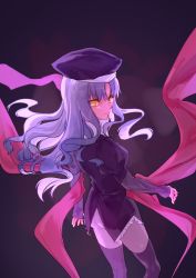 Rule 34 | 1girl, baaji, beret, caren hortensia, dark background, fate/hollow ataraxia, fate (series), hat, long hair, long sleeves, looking to the side, pantyhose, shroud of magdalene, solo, thighhighs, wavy hair, white hair, yellow eyes