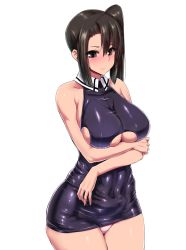 Rule 34 | 10s, 1girl, asymmetrical bangs, bare shoulders, black eyes, black hair, blush, bodycon, breasts, brown eyes, brown hair, collared dress, cowboy shot, curvy, dress, embarrassed, hair between eyes, ishimiso (ishimura), kantai collection, large breasts, latex, latex dress, legs together, long hair, microdress, nachi (kancolle), narrow waist, panties, pink panties, shiny clothes, shiny skin, side ponytail, sideboob, simple background, skin tight, skindentation, solo, standing, underboob, underwear, white background, wide hips