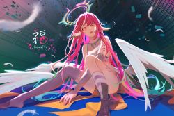 Rule 34 | 1girl, angel wings, artist name, asymmetrical legwear, breasts, bridal gauntlets, commentary, spiked halo, crop top, feathered wings, feathers, fuwaffy, gloves, gradient hair, halo, jibril (no game no life), long hair, looking at viewer, low wings, magic circle, medium breasts, midriff, mismatched legwear, multicolored hair, nail polish, no game no life, open mouth, pink hair, shoes, sideboob, single shoe, sitting, solo, tattoo, very long hair, white wings, wing ears, wings, yellow eyes