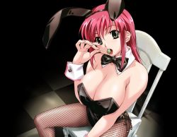 Rule 34 | 00s, 1girl, animal ears, arm between legs, arm up, bare shoulders, between legs, black background, blush, boin, boin lecture, bow, bowtie, breasts, candy, chair, checkered floor, cleavage, detached collar, eating, fake animal ears, fishnet pantyhose, fishnets, floor, food, game cg, green eyes, hand between legs, hand up, happoubi jin, headwear request, huge breasts, iihara nao, large breasts, leotard, licking, lollipop, long hair, looking at viewer, no bra, olive, on chair, open mouth, pantyhose, pink hair, playboy bunny, rabbit ears, red hair, sexually suggestive, shadow, simple background, sitting, solo, spread legs, teeth, tongue, tongue out, wrist cuffs