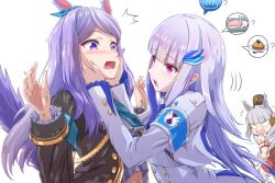 Rule 34 | 3girls, :o, ?, angry, animal ears, armband, black jacket, blank eyes, blue hair, blunt bangs, blush, cake, crossover, dialogue box, dirty, em elm, eye contact, feather hair ornament, feathers, food, frilled sleeves, frills, gloves, gold ship (umamusume), gradient hair, grey hair, hair ears, hair ornament, hair ribbon, hairclip, hands on another&#039;s face, highres, horse ears, horse girl, horse tail, jacket, lize helesta, lize helesta (1st costume), long hair, looking at another, mejiro mcqueen (umamusume), multicolored hair, multiple girls, nijisanji, nose, open mouth, pillbox hat, pink eyes, purple eyes, purple hair, ribbon, shirt, sleeping, surprised, sweat, tail, umamusume, virtual youtuber, white background, white gloves, white hair, white shirt, worried