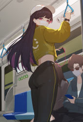 Rule 34 | 1girl, absurdres, ass, baseball cap, black pants, cable, cellphone, cropped jacket, earphones, hat, highres, holding, holding hand grip, holding phone, jacket, lance (lancelliu), long hair, looking at viewer, looking back, mask, mouth mask, original, pants, people, phone, purple hair, red eyes, seat, smartphone, straight hair, tight clothes, tight pants, train interior, watch, white headwear, white mask, wristwatch, yellow jacket, yoga pants