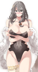 Rule 34 | 1girl, arms under breasts, azur lane, black leotard, blush, breasts, charybdis (azur lane), charybdis (red chamber of healing) (azur lane), cleavage, closed mouth, commentary, covered erect nipples, covered navel, cowboy shot, crossed arms, embarrassed, feather boa, furrowed brow, gluteal fold, grey eyes, grey hair, hair between eyes, hair ribbon, highleg, highleg leotard, hip vent, ishizu kayu, large breasts, leotard, long hair, looking at viewer, nail polish, official alternate costume, red nails, ribbon, simple background, single thighhigh, solo, standing, thigh gap, thighhighs, tress ribbon, white background, white thighhighs
