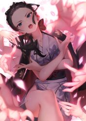 Rule 34 | 1girl, black hair, blue eyes, extra arms, female focus, hana hana no mi, highres, looking at viewer, nico robin, one piece, open mouth, petals, ryota (ry o ta), solo