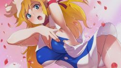 Rule 34 | 1girl, arm up, armband, armpits, blonde hair, blue eyes, blush, breasts, choker, cleavage, cutie honey, cutie honey universe, dress, earrings, embarrassed, eyelashes, heart, heart earrings, inue shinsuke, jewelry, kisaragi honey, large breasts, long hair, looking at viewer, official art, open mouth, panties, pantyshot, petals, pink background, raised eyebrows, rose petals, sidelocks, sleeveless, sleeveless dress, solo, teeth, torn clothes, underwear, white panties