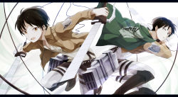 Rule 34 | 2boys, ascot, belt, black eyes, black hair, boots, brown eyes, cape, eren yeager, highres, jacket, letterboxed, levi (shingeki no kyojin), male focus, multiple boys, shingeki no kyojin, sword, thigh strap, three-dimensional maneuver gear, weapon, wire, wowishi