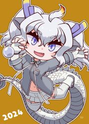Rule 34 | 1girl, animal ears, blue eyes, boots, bow, bowtie, brown background, dragon girl, dragon horns, dragon tail, extra ears, fingerless gloves, garter straps, gloves, grey hair, highres, horns, kemono friends, kemono friends 3, long hair, looking at viewer, mugise hitsuji, navel, shirt, simple background, skirt, solo, tail, thighhighs, twintails, white dragon (kemono friends)