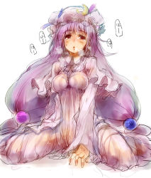 Rule 34 | 1girl, breasts, crescent, female focus, hat, impossible clothes, long hair, patchouli knowledge, purple eyes, purple hair, saliva, see-through, sketch, solo, sweat, tears, touhou, ukyo rst, very long hair