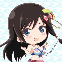 Rule 34 | 1girl, bikini, bikini skirt, black hair, blue eyes, blush, breasts, chibi, cleavage, dead or alive, dead or alive xtreme venus vacation, floral print, hair ornament, happy, kokoro (doa), large breasts, long hair, looking at viewer, lowres, navel, official art, patterned background, smile, standing, swimsuit, tecmo, upper body, wave print
