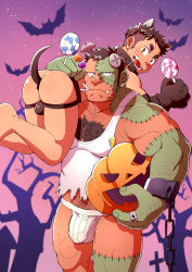 Rule 34 | 2boys, anal tail, animal ears, animal hands, arm hair, bara, bare arms, bat (animal), belly, body fur, brown male underwear, bulge, butt plug, candy, carrying over shoulder, chest hair, colored skin, cosplay, ei (marutendon), fake tail, fang, feet out of frame, food, frankenstein&#039;s monster, frankenstein&#039;s monster (cosplay), green skin, halloween, highres, holding, holding candy, holding food, jack-o&#039;-lantern, jockstrap, large pectorals, long sideburns, male focus, male pubic hair, male underwear, mature male, monster boy, multicolored skin, multiple boys, muscular, muscular male, navel hair, no pants, original, pectoral cleavage, pectorals, pubic hair, pubic hair peek, red skin, shirt, short hair, sideburns, sidepec, size difference, stitches, striped, tail, tank top, thick thighs, thighs, torn clothes, torn shirt, two-tone skin, undercut, underwear, walking, white male underwear, white tank top, wolf ears, wolf tail