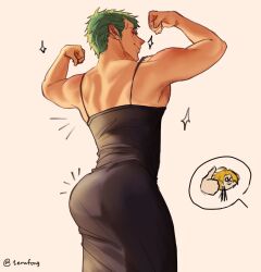 Rule 34 | 1boy, ass, back, bara, black dress, closed mouth, crossdressing, double biceps pose, dress, flexing, green hair, highres, male focus, meme, muscular, muscular male, one piece, roronoa zoro, sanji (one piece), short hair, simple background, smile, solo, terufong, twitter username