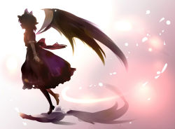 Rule 34 | 1girl, black wings, bow, dress, female focus, frills, from side, full body, glowing, gradient background, hat, hat bow, mob cap, puffy short sleeves, puffy sleeves, red bow, remilia scarlet, shade, shadow, short hair, short sleeves, silhouette, solo, tokira nozumi, touhou, wings, wrist cuffs