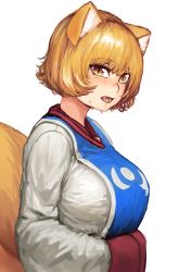 Rule 34 | 1girl, absurdres, animal ears, blonde hair, blush, breasts, chanta (ayatakaoisii), fang, fox ears, fox tail, from side, hands in opposite sleeves, highres, large breasts, long sleeves, looking at viewer, looking to the side, medium hair, open mouth, shirt, simple background, slit pupils, solo, tabard, tail, touhou, upper body, white background, white shirt, wide sleeves, yakumo ran, yellow eyes