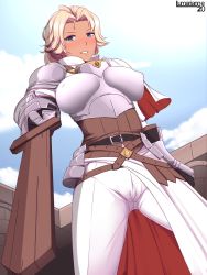 Rule 34 | 1girl, armor, belt, blonde hair, blue eyes, blush, breastplate, cameltoe, capelet, catherine (fire emblem), cloud, cloudy sky, covered erect nipples, fire emblem, fire emblem: three houses, gloves, grin, hair ribbon, highres, holding, holding sword, holding weapon, lumarianne20, nintendo, pants, ponytail, pussy, pussy peek, ribbon, short hair, sky, smile, sword, teeth, waist cape, weapon, wooden sword