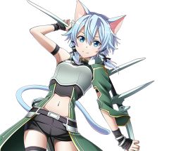 Rule 34 | 1girl, animal ears, arm up, armor, black ribbon, black shorts, blue eyes, blue hair, bow (weapon), breastplate, cat ears, cat tail, cowboy shot, hair ribbon, holding, holding bow (weapon), holding weapon, looking at viewer, midriff, navel, ribbon, short hair with long locks, short shorts, shorts, sidelocks, sinon (sao-alo), smile, solo, standing, stomach, sword art online, tail, thigh strap, transparent background, weapon