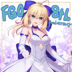 Rule 34 | 1girl, ahoge, artoria pendragon (all), artoria pendragon (fate), bare shoulders, blonde hair, bow, breasts, cleavage, collarbone, dress, elbow gloves, fate/grand order, fate/stay night, fate (series), gloves, green eyes, hair bow, long hair, looking at viewer, medium breasts, neko daruma, open mouth, ponytail, saber (fate), sidelocks, smile, solo, white dress, white gloves