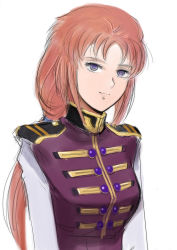Rule 34 | 1girl, breasts, closed mouth, commentary request, gacha-m, gundam, gundam unicorn, long hair, looking at viewer, marida cruz, military, military uniform, ponytail, purple eyes, red hair, simple background, smile, solo, uniform, white background