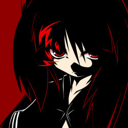 Rule 34 | 10s, 1girl, black gold saw, black rock shooter, long hair, looking at viewer, monochrome, naginami, red background, red eyes, simple background, solo