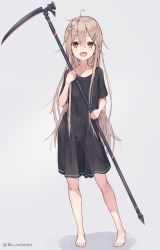 Rule 34 | 1girl, :d, ahoge, barefoot, black dress, blonde hair, blush, commentary request, contrapposto, dress, fang, full body, grey background, hachita (odangoya), hair between eyes, hair ornament, hairclip, highres, holding, holding weapon, long hair, looking at viewer, open mouth, original, pink eyes, scythe, short sleeves, simple background, smile, solo, standing, twitter username, very long hair, weapon, x hair ornament
