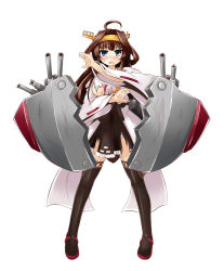 Rule 34 | 10s, 1girl, ahoge, black thighhighs, blush, brown hair, cannon, grey eyes, headgear, ichimi, kantai collection, kongou (kancolle), long sleeves, looking at viewer, mecha musume, open mouth, ribbon-trimmed sleeves, ribbon trim, sash, see-through, shirt, skirt, smile, solo, sweat, thighhighs, torn clothes, torn shirt, torn skirt, wide sleeves, zettai ryouiki