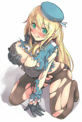 Rule 34 | 10s, 1girl, :q, aqua eyes, arm support, atago (kancolle), beret, black bra, black gloves, black panties, black pantyhose, blonde hair, blush, bow, bow bra, bow panties, bra, breasts, butt crack, cleavage, framed breasts, full body, gloves, grabbing own breast, hat, hat ribbon, highres, kantai collection, kekemotsu, kneeling, lace, lace-trimmed bra, lace-trimmed panties, lace trim, large breasts, leaning forward, long hair, long sleeves, looking at viewer, military, military uniform, naughty face, necktie, no pants, no shoes, nose blush, onow, panties, panties under pantyhose, pantyhose, personification, ribbon, shadow, sidelocks, simple background, sketch, skindentation, smile, solo, spread legs, sweat, tongue, tongue out, torn clothes, torn pantyhose, underwear, uniform, very long hair, white background