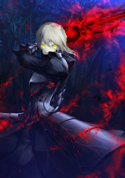 Rule 34 | 1girl, armor, artoria pendragon (fate), bad id, bad pixiv id, blonde hair, excalibur morgan (fate), fate/stay night, fate (series), glowing, glowing eyes, highres, pale skin, revision, saber (fate), saber alter, short hair, solo, solru, tree, yellow eyes