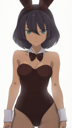 Rule 34 | 1girl, absurdres, akagi (fmttps), animal ears, bare shoulders, black hair, bow, bowtie, breasts, brown bow, brown bowtie, brown leotard, bunny day, cleavage, closed mouth, dark-skinned female, dark skin, detached collar, fake animal ears, fishnet pantyhose, fishnets, girls und panzer, green eyes, grey background, hair between eyes, highres, hoshino (girls und panzer), leotard, looking at viewer, medium breasts, pantyhose, playboy bunny, rabbit ears, short hair, simple background, solo, thighs