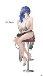 Rule 34 | 1girl, absurdres, azur lane, backless dress, backless outfit, bag, bare shoulders, blue hair, blue nails, blush, bracelet, breasts, character name, cleavage, commentary request, dress, earrings, evening gown, fushe, grey dress, halter dress, halterneck, handbag, high heels, highres, huge breasts, jewelry, looking at viewer, nail polish, necklace, pink eyes, plunging neckline, revealing clothes, side ponytail, sidelocks, signature, silver dress, silver footwear, sitting, smile, st. louis (azur lane), st. louis (luxurious wheels) (azur lane), stool, thighs