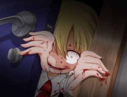 Rule 34 | 1girl, blonde hair, blood, blood in mouth, blood on clothes, blood on face, blood on hands, crazy smile, creepy, door, doorknob, empty eyes, horror (theme), maru daizu (aqua6233), open mouth, ribbon, rumia, short hair, smile, solo, touhou