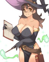 Rule 34 | 1girl, bare shoulders, belt, black dress, black gloves, book, breasts, bright pupils, brown belt, brown eyes, brown hair, cleavage, closed mouth, commentary, cowboy shot, dress, elbow gloves, english commentary, fire, glasses, gloves, green fire, grey hat, hat, highres, holding, holding book, holding wand, huge breasts, looking at viewer, magic, open book, original, pelvic curtain, purple hat, rimless eyewear, simple background, smile, solo, two-sided fabric, two-sided headwear, vins-mousseux, wand, white background, white pupils, witch, witch hat