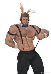 Rule 34 | 1boy, abs, alternate costume, amo (amo9612), animal ears, arm hair, bara, beard, black pants, blush, bow, bowtie, brown hair, bulge, chest hair, chris redfield, dark-skinned male, dark skin, detached collar, facial hair, feet out of frame, hairy, headphones, highres, large pectorals, looking at viewer, male focus, male playboy bunny, mature male, muscular, muscular male, navel, navel hair, nipples, paid reward available, pants, pectorals, rabbit ears, resident evil, resident evil 5, short hair, smile, solo, stomach, stubble, suspenders, thick thighs, thighs, tight clothes, tight pants, topless male, undercut