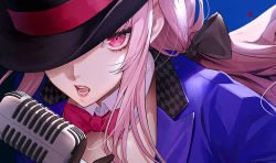 Rule 34 | 1girl, alternate costume, black bow, black gloves, black hat, blue background, blue jacket, blue suit, bow, bowtie, commentary, cropped, detached collar, ekao, english commentary, eyelashes, formal, gloves, hair bow, hat, hat over one eye, holding, holding microphone, hololive, hololive english, jacket, lips, lipstick, long hair, looking at viewer, makeup, microphone, microphone stand, mori calliope, one eye covered, open mouth, pink eyes, pink hair, portrait, red bow, red bowtie, red lips, second-party source, sidelocks, simple background, solo, suit, top hat, traditional bowtie, virtual youtuber, wing collar