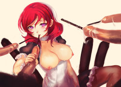 Rule 34 | 10s, 1girl, bad id, bad pixiv id, breasts, breasts out, choker, disembodied penis, food, handjob, head out of frame, hetero, highres, large breasts, love live!, love live! school idol project, nipples, nishikino maki, pantyhose, penis, penis tentacle, pocky, purple eyes, red hair, saliva, saliva trail, short hair, softmode, solo, solo focus, sounding, surrounded by penises, tentacles, uncensored, urethral insertion