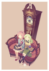Rule 34 | 2girls, blouse, bow, clock, couch, expressionless, grandfather clock, green eyes, green hair, hairband, hat, hat bow, unworn hat, unworn headwear, komeiji koishi, komeiji satori, legs together, looking at another, looking up, multiple girls, open mouth, pink eyes, pink hair, shirt, shoes, short hair, siblings, side-by-side, simple background, sisters, sitting, skirt, socks, third eye, touhou, wide sleeves, yamamomo (plank)
