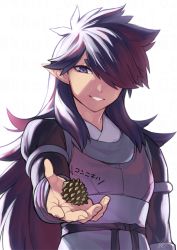 Rule 34 | 1boy, fengxi (the legend of luoxiaohei), hair over one eye, holding, long hair, long sleeves, parted lips, pinecone, purple eyes, rkp, simple background, smile, solo, luo xiaohei zhanji, upper body, white background