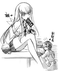 Rule 34 | 00s, 1boy, 1girl, apron, c.c., chinese text, code geass, creayus, greyscale, hair ribbon, legs, crossed legs, lelouch vi britannia, long hair, miniskirt, monochrome, mouth hold, ribbon, sitting, sketch, skirt, sleeves past wrists, smile, translated, white background