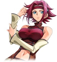 Rule 34 | 1girl, artist request, bare shoulders, belt, blue eyes, breasts, brown jumpsuit, closed mouth, clothing cutout, code geass, code geass: lost stories, cropped torso, detached sleeves, dutch angle, female focus, game cg, hair flaps, hands up, headband, holding own arm, jumpsuit, kouzuki kallen, large breasts, long sleeves, looking at viewer, navel, non-web source, official art, red hair, red headband, red shirt, ribbed shirt, shirt, short hair, short jumpsuit, sidelocks, simple background, sleeveless jumpsuit, solo, standing, stomach, stomach cutout, transparent background, undershirt, upper body, v-shaped eyebrows, white sleeves