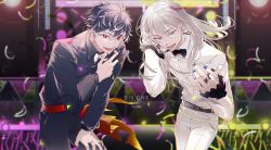 Rule 34 | 2boys, accookie, belt, bishounen, black hair, blue nails, bow, bowtie, chain, confetti, highres, idolish7, jewelry, long hair, long sleeves, looking at viewer, male focus, momo (idolish7), multicolored hair, multiple boys, nail polish, open mouth, re:vale, red eyes, red nails, ring, short hair, smile, sweatdrop, two-tone hair, white hair, yuki (idolish7)