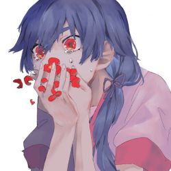 Rule 34 | 1girl, alternate body fluid, blue hair, coughing flowers, covering own mouth, flower, from side, hair between eyes, hair ornament, hair ribbon, hairclip, hanamonogatari, hand on own face, hand to own mouth, je8, kanbaru suruga, looking at viewer, monogatari (series), naoetsu high school uniform, puffy short sleeves, puffy sleeves, purple ribbon, red eyes, red flower, ribbon, school uniform, short sleeves, simple background, solo, twintails, white background