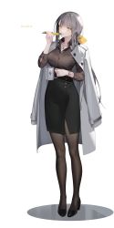 Rule 34 | 1girl, absurdres, artist request, black skirt, black survival, bow, breasts, coffee, coffee mug, collarbone, cup, dr. nadja, full body, grey hair, grey shirt, hair bow, highres, jewelry, lab coat, large breasts, long hair, looking at viewer, mug, official art, pantyhose, pencil skirt, pendant, shirt, skirt, taut clothes, taut shirt, watch, wristwatch
